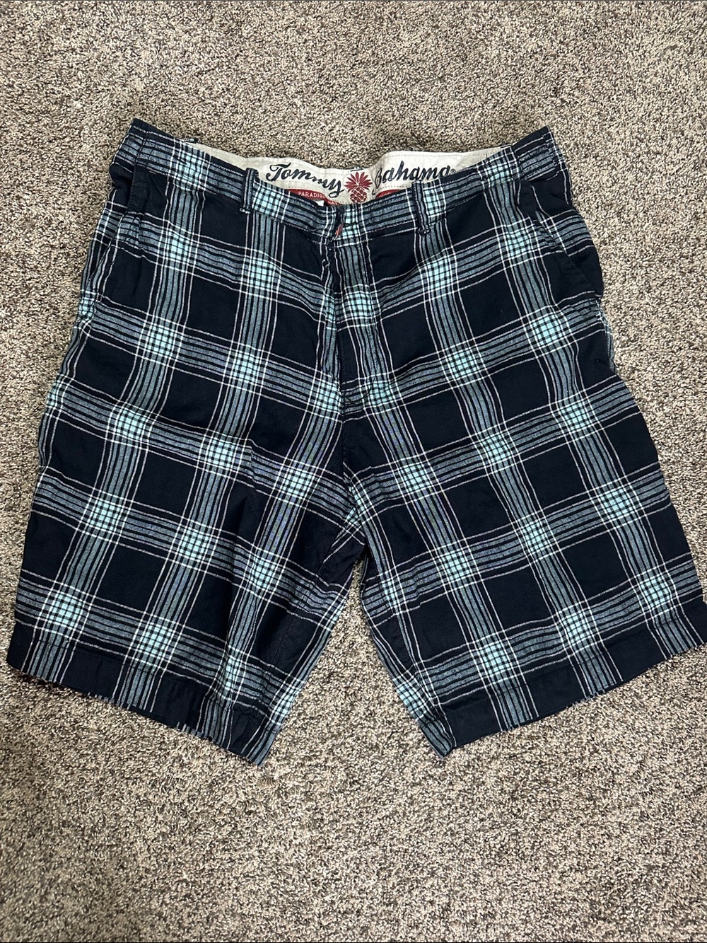 Tommy Bahama Men's Navy and Light Blue Plaid Flat Front Shorts